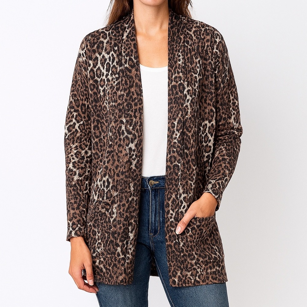 Sanctuary Sweater Women Leopard Print Cardigan Open Front Pockets Brown‎ Medium